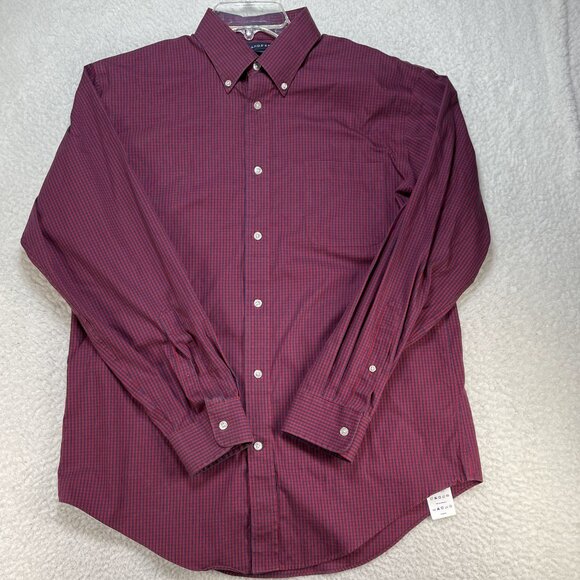 Lands End Shirt Mens Large 16-34 Red Blue Check Tailored Fit No Iron Oxford - Picture 1 of 8